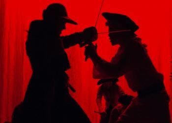 Treasure Island Captain Smollet and Long John Silver clash with swords in a bloody battle